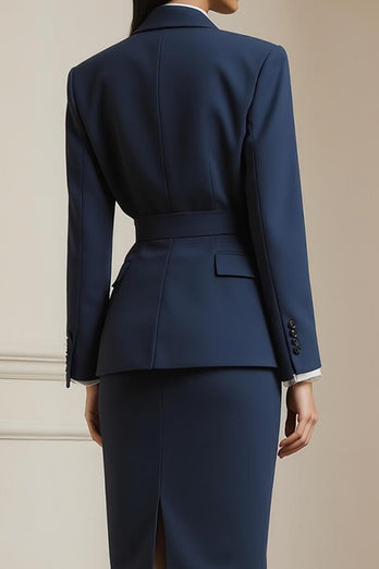 2 Piece Navy Pencil Notched Lapel Long Sleeves Midi Business Suits with Belt