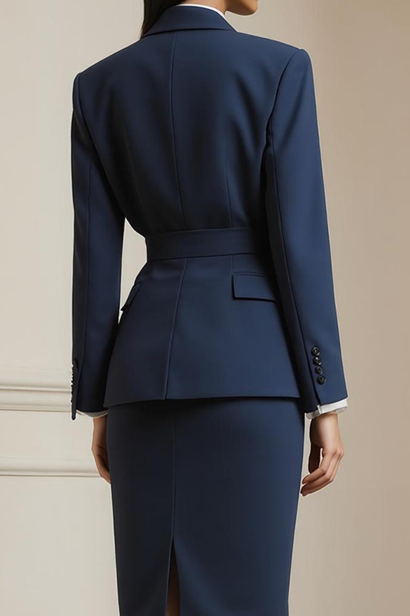 Load image into Gallery viewer, 2 Piece Navy Pencil Notched Lapel Long Sleeves Midi Business Suits with Belt