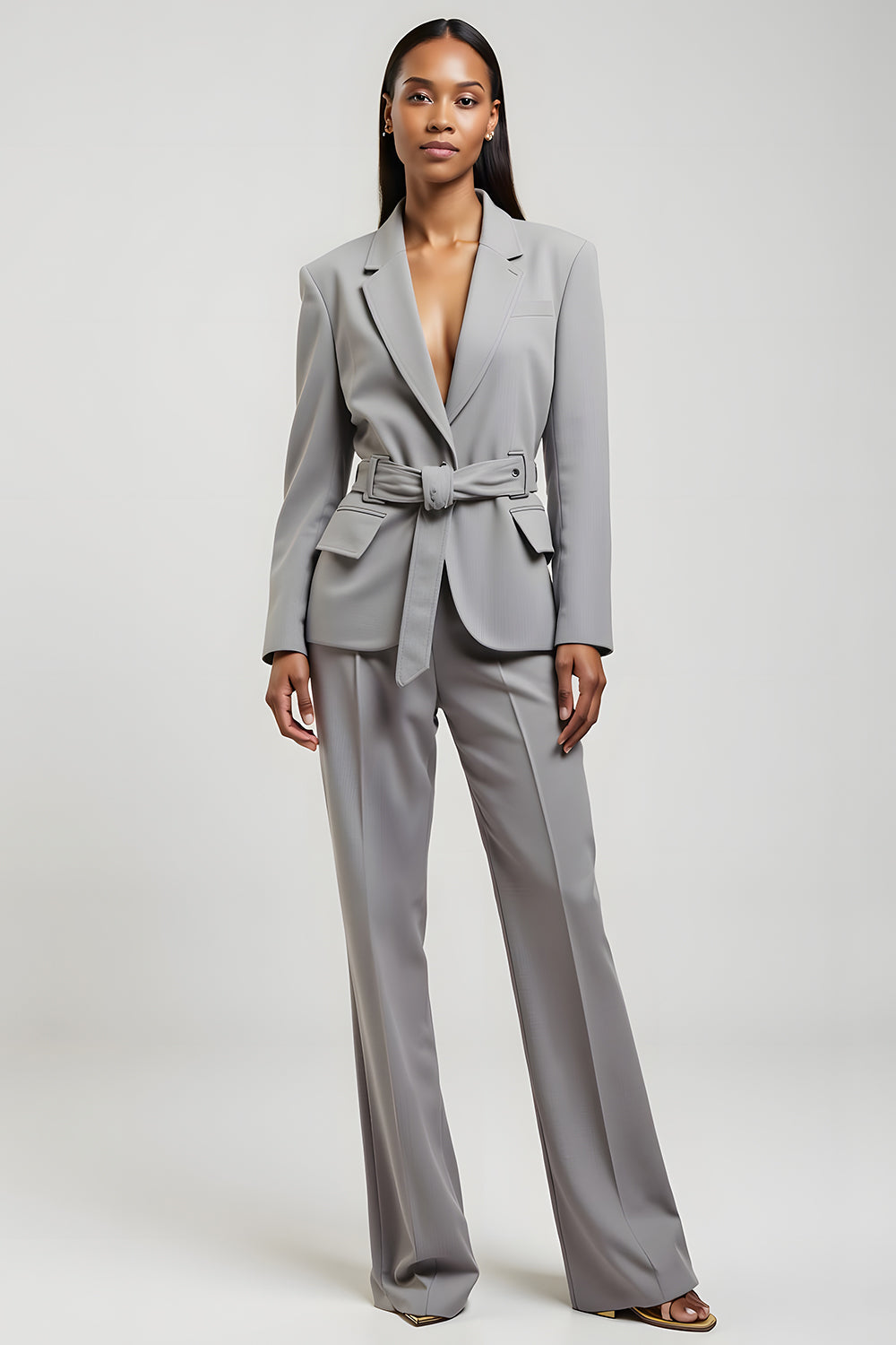 Grey 2 Piece Notched Lapel Long Sleeves Slim Fit Business Suits