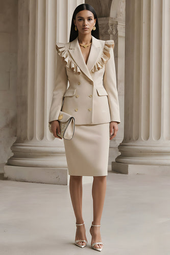 2 Piece Champagne Peak Lapel Pencil Long Sleeves Skirt Business Suits with Ruffles