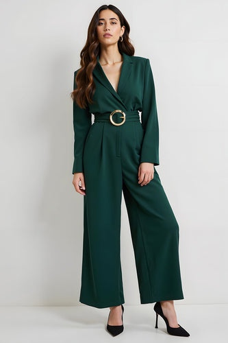 Dark Green Long Sleeves Notched Lapel Business Jumpsuits with Belt