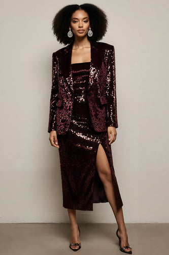 2 Piece Sparkly Burgundy Peak Lapel Sequin Long Sleeves Prom Suits with Slit