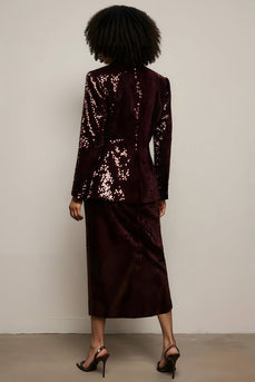 2 Piece Sparkly Burgundy Peak Lapel Sequin Long Sleeves Prom Suits with Slit