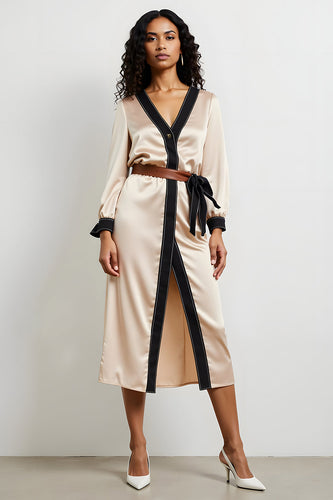 Champagne Satin Pencil V-Neck Long Sleeves Work Dress with Belt
