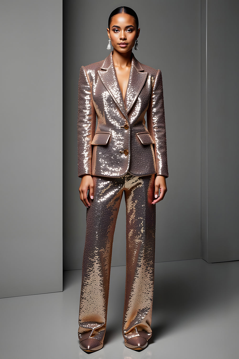 2 Piece Sparkly Rose Golden Sequin Peak Lapel Long Sleeves Prom Suits