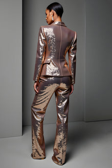 2 Piece Sparkly Rose Golden Sequin Peak Lapel Long Sleeves Prom Suits