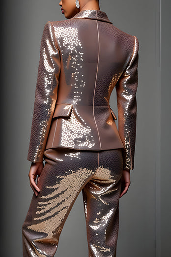2 Piece Sparkly Rose Golden Sequin Peak Lapel Long Sleeves Prom Suits
