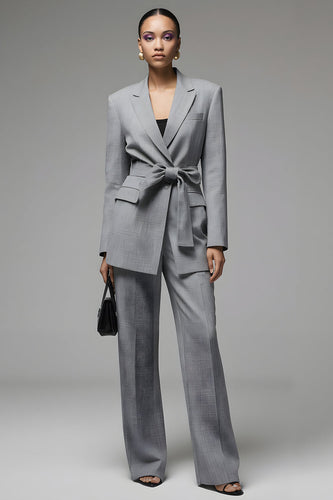 Grey 2 Piece Slim Fit Notched Lapel Long Sleeves Business Suits with Sash