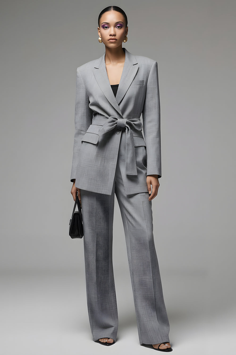 Grey 2 Piece Slim Fit Notched Lapel Long Sleeves Business Suits with Sash