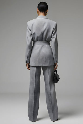 Grey 2 Piece Slim Fit Notched Lapel Long Sleeves Business Suits with Sash