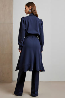 Navy 2 Piece Long Sleeves Peak Lapel Business Outfits