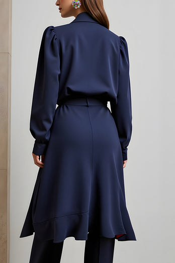 Navy 2 Piece Long Sleeves Peak Lapel Business Outfits