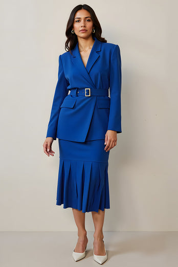Royal Blue 2 Piece Notched Lapel Midi Pencil Business Suits with Belt