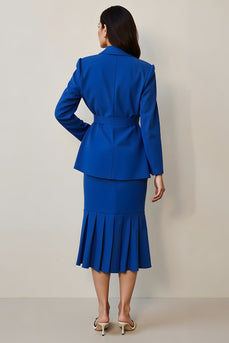 Royal Blue 2 Piece Notched Lapel Midi Pencil Business Suits with Belt