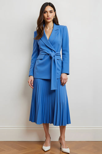 Blue 2 Piece Long Sleeves Peak Lapel Midi Pleated Business Suits with Sash