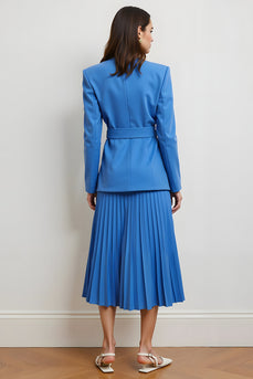 Blue 2 Piece Long Sleeves Peak Lapel Midi Pleated Business Suits with Sash