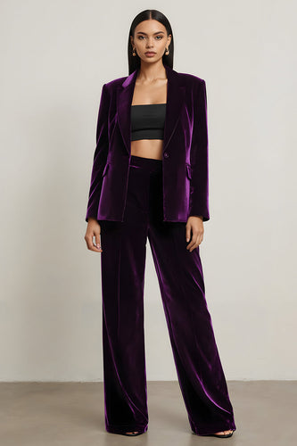 Dark Purple Velvet 2 Piece Notched Lapel Long Sleeves Prom Suits