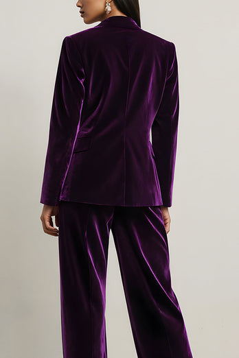 Dark Purple Velvet 2 Piece Notched Lapel Long Sleeves Prom Suits