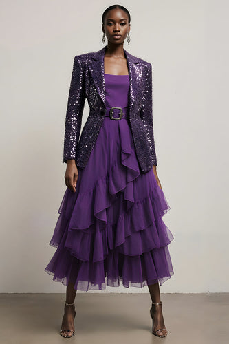 2 Piece Sparkly Dark Purple Tulle Sequin Notched Lapel Long Sleeves Prom Suits