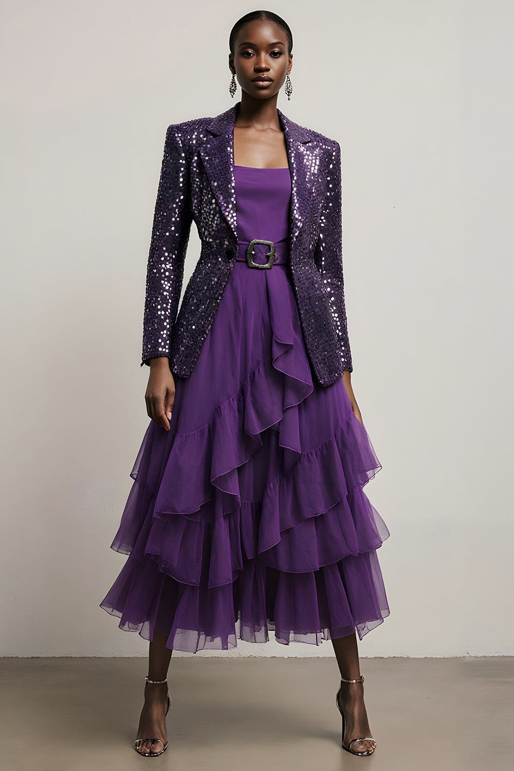 2 Piece Sparkly Dark Purple Tulle Sequin Notched Lapel Long Sleeves Prom Suits