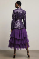 Load image into Gallery viewer, 2 Piece Sparkly Dark Purple Tulle Sequin Notched Lapel Long Sleeves Prom Suits