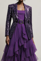 Load image into Gallery viewer, 2 Piece Sparkly Dark Purple Tulle Sequin Notched Lapel Long Sleeves Prom Suits
