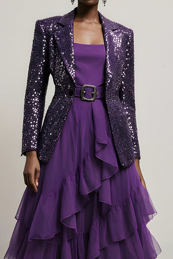 2 Piece Sparkly Dark Purple Tulle Sequin Notched Lapel Long Sleeves Prom Suits