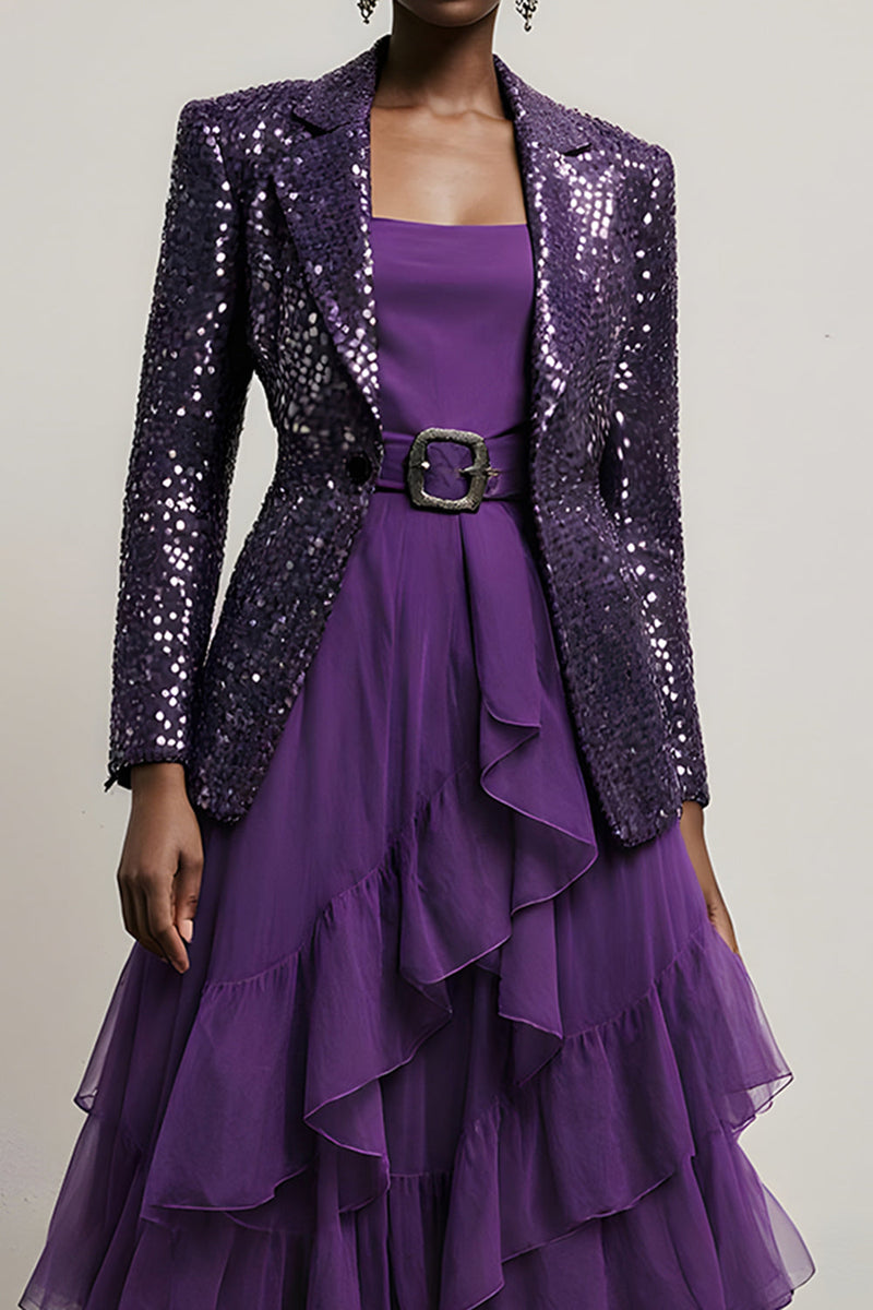 Load image into Gallery viewer, 2 Piece Sparkly Dark Purple Tulle Sequin Notched Lapel Long Sleeves Prom Suits