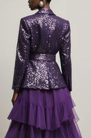 Load image into Gallery viewer, 2 Piece Sparkly Dark Purple Tulle Sequin Notched Lapel Long Sleeves Prom Suits