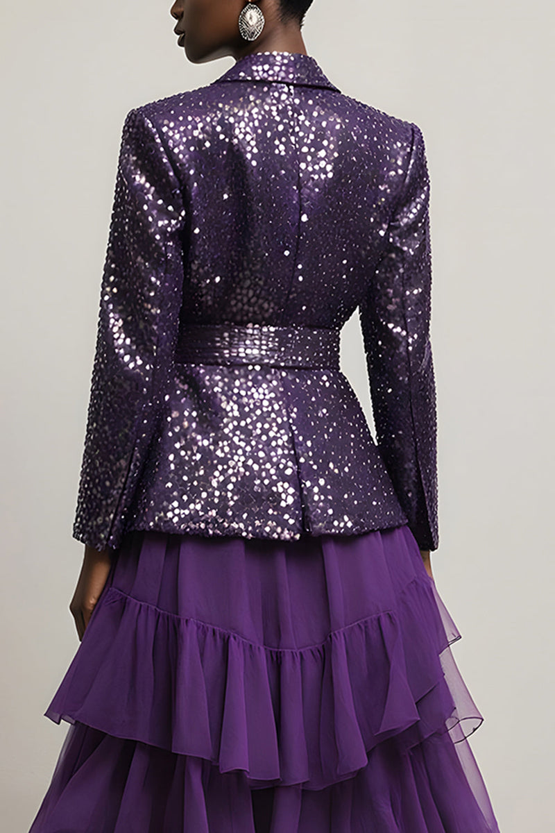 Load image into Gallery viewer, 2 Piece Sparkly Dark Purple Tulle Sequin Notched Lapel Long Sleeves Prom Suits