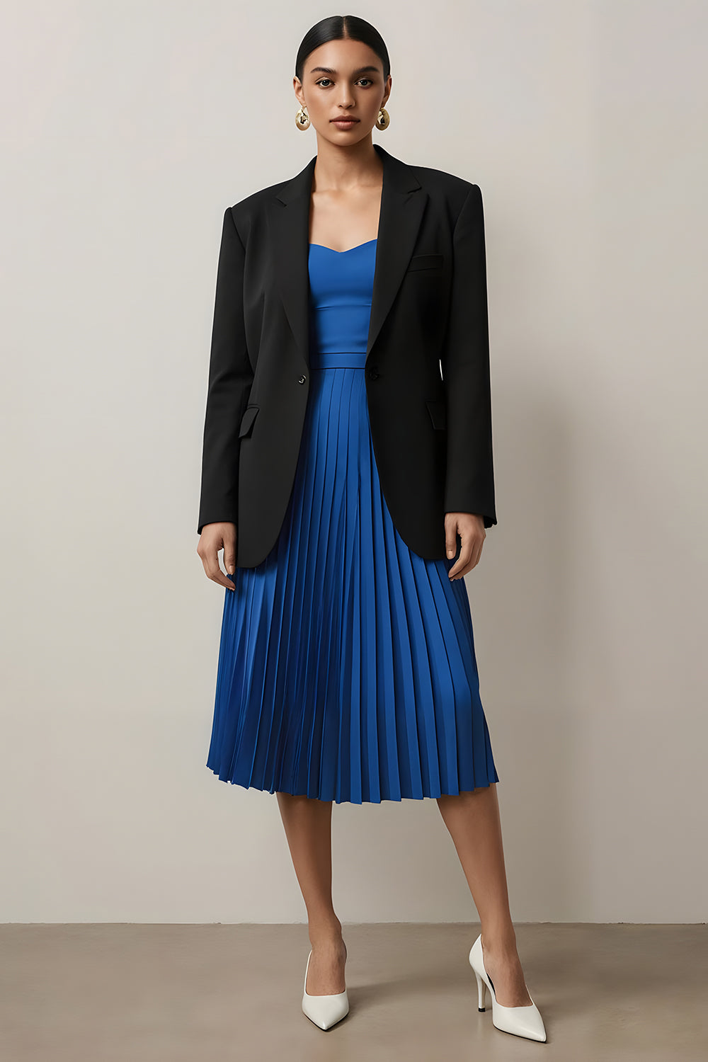 2 Piece Black and Blue Notched Lapel Pleated Midi Business Suits