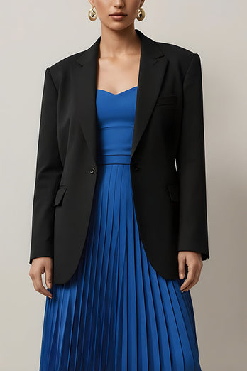 2 Piece Black and Blue Notched Lapel Pleated Midi Business Suits