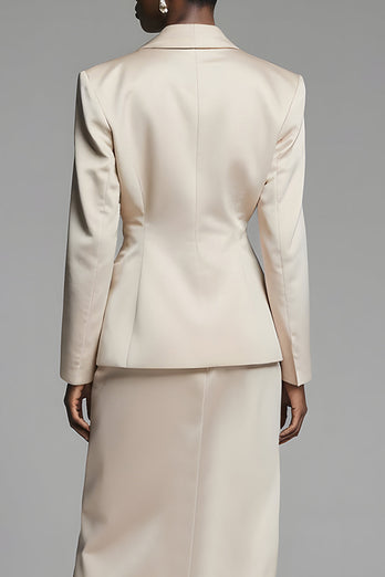 2 Piece Champagne Peak Lapel Pencil Midi Business Suits with Slit