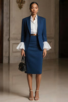 Load image into Gallery viewer, 3 Piece Navy Pencil Peak Lapel Long Sleeves Midi Business Suits