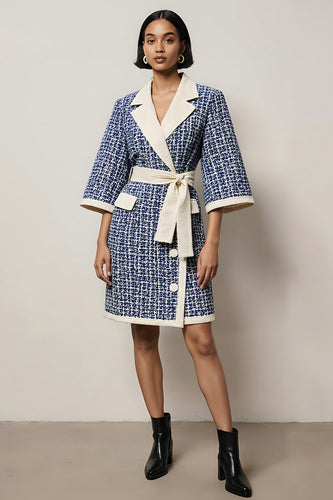 Blue Pencil Tweed Notched Lapel Half Sleeves Short Work Dress with Sash
