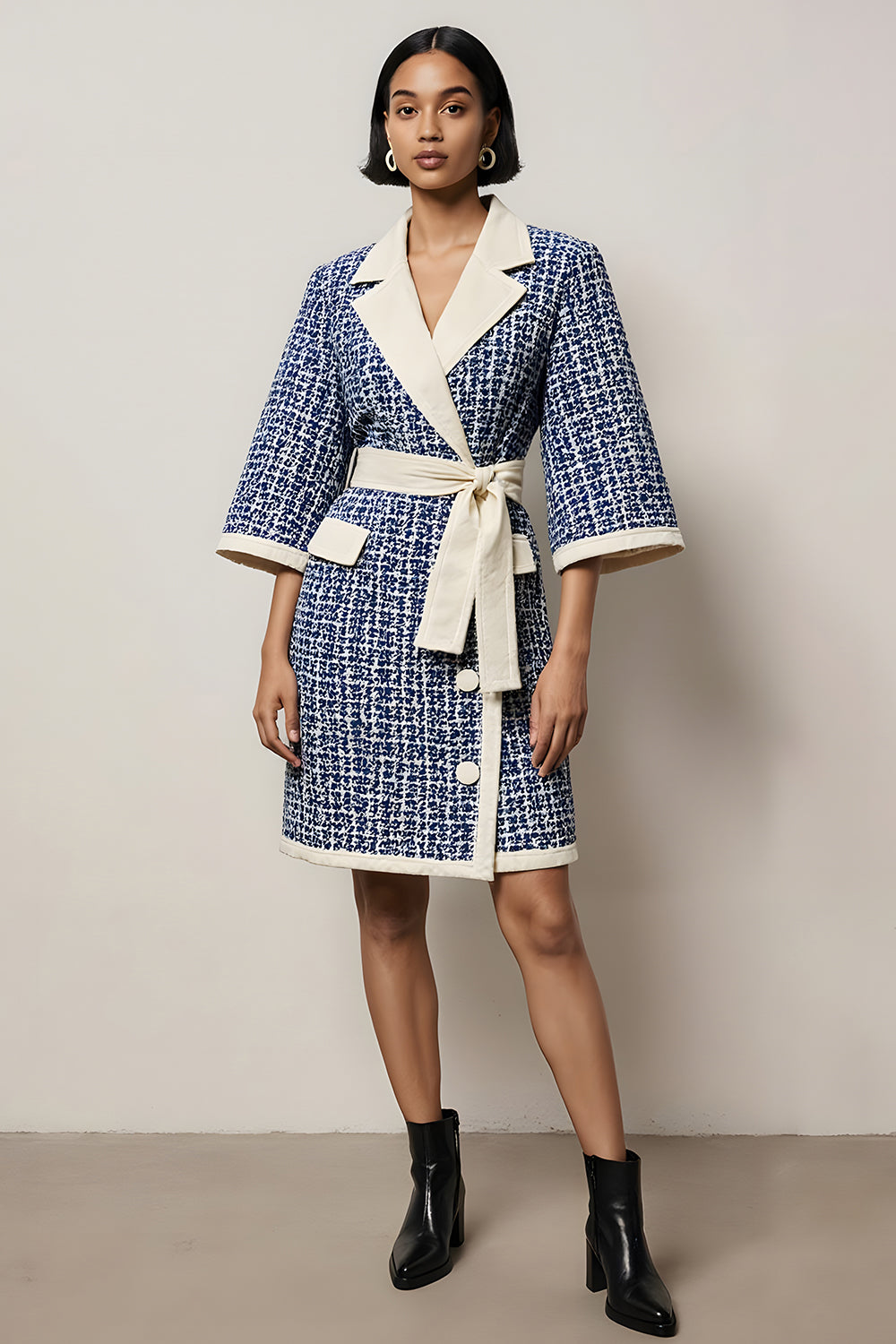 Blue Pencil Tweed Notched Lapel Half Sleeves Short Work Dress with Sash