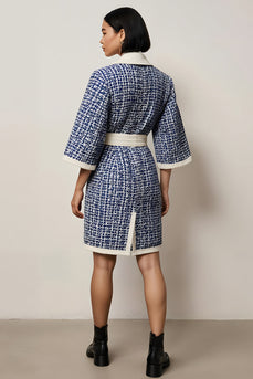 Blue Pencil Tweed Notched Lapel Half Sleeves Short Work Dress with Sash