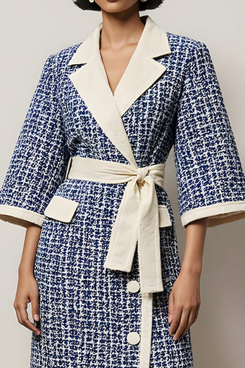 Blue Pencil Tweed Notched Lapel Half Sleeves Short Work Dress with Sash