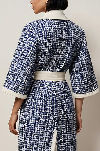Blue Pencil Tweed Notched Lapel Half Sleeves Short Work Dress with Sash