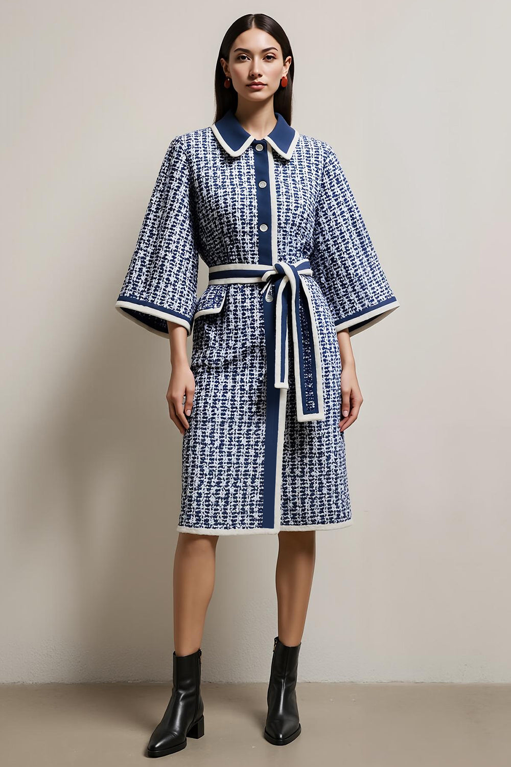 Blue Tweed Pencil Collar Neck Half Sleeves Midi Work Dress with Sash
