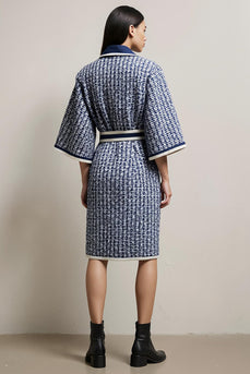 Blue Tweed Pencil Collar Neck Half Sleeves Midi Work Dress with Sash