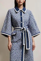 Load image into Gallery viewer, Blue Tweed Pencil Collar Neck Half Sleeves Midi Work Dress with Sash