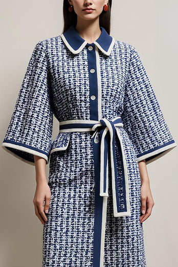Blue Tweed Pencil Collar Neck Half Sleeves Midi Work Dress with Sash