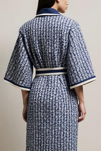 Blue Tweed Pencil Collar Neck Half Sleeves Midi Work Dress with Sash