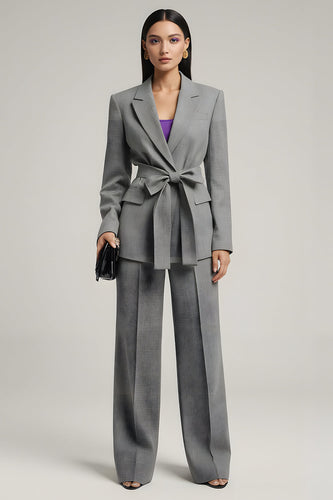 Grey 2 Piece Notched Lapel Long Sleeves Business Suits with Bow