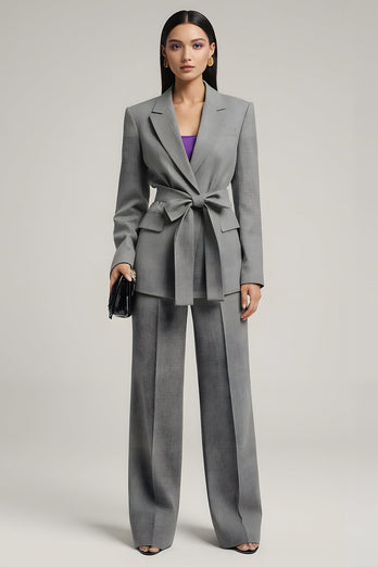 Grey 2 Piece Notched Lapel Long Sleeves Business Suits with Bow