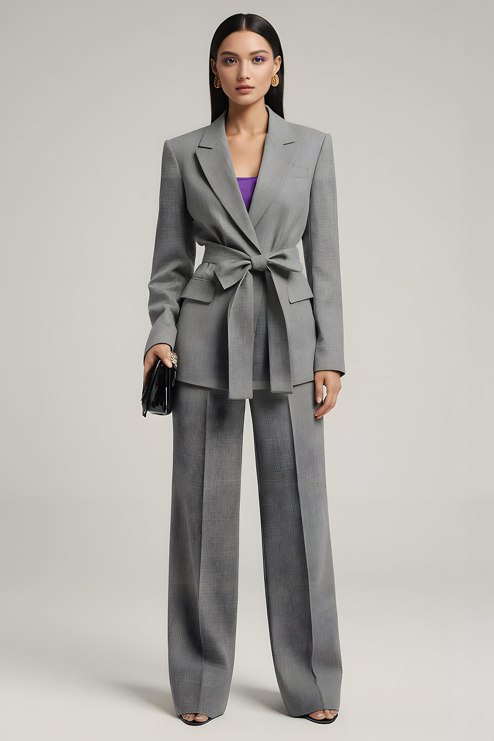 Grey 2 Piece Notched Lapel Long Sleeves Business Suits with Bow