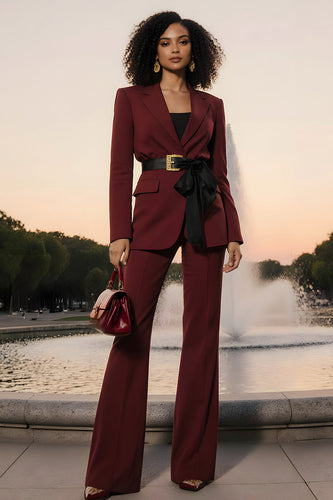 Burgundy 2 Piece Notched Lapel Business Suits with Belt