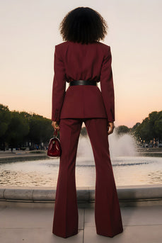 Burgundy 2 Piece Notched Lapel Business Suits with Belt