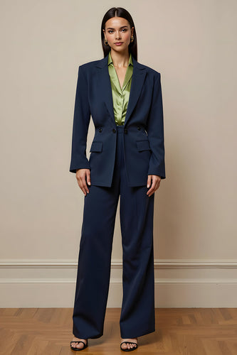 2 Piece Navy Notched Lapel Long Sleeves Business Suits with Pockets